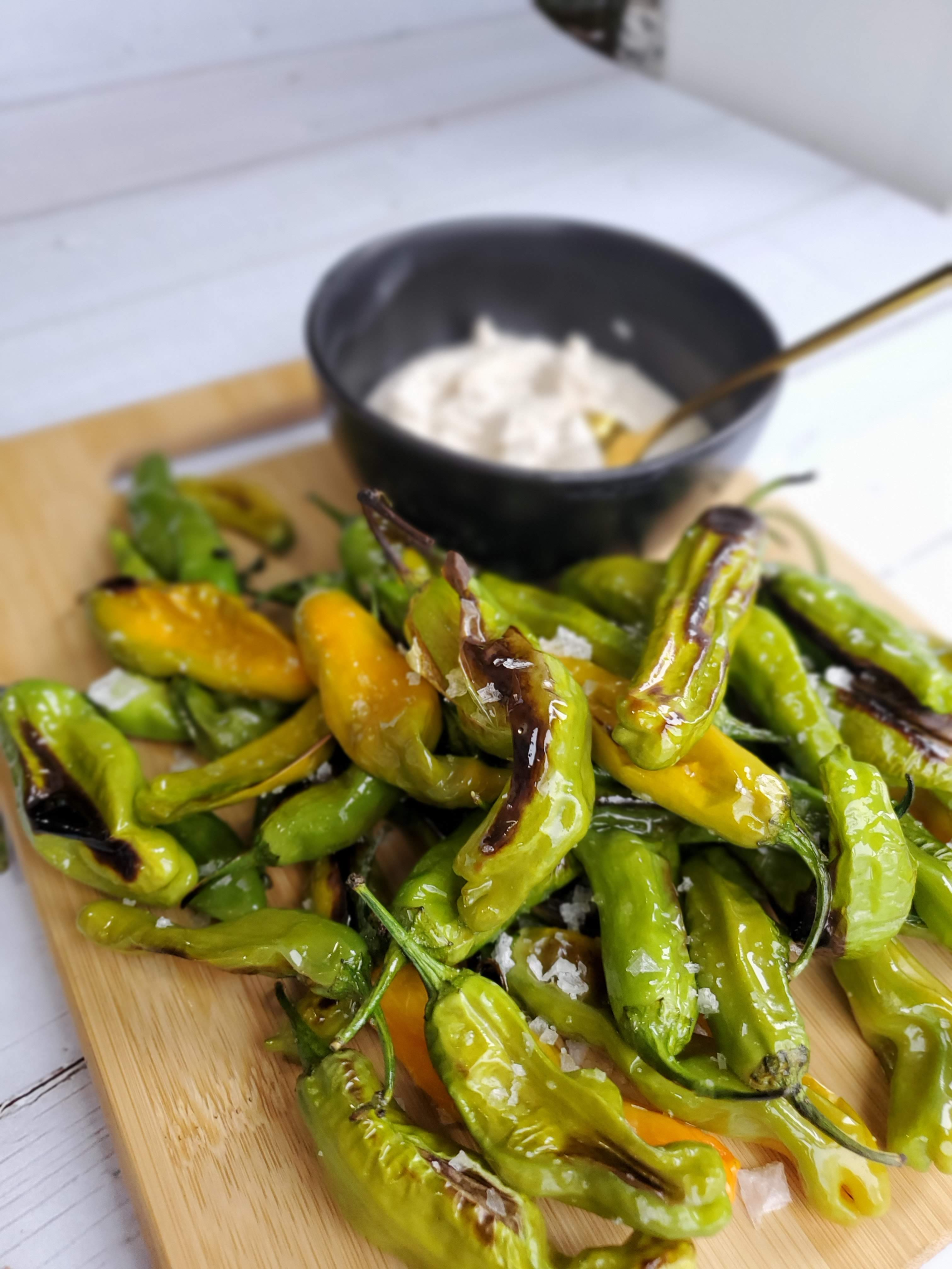 Blistered Shishito Peppers with Whipped Goat Cheese